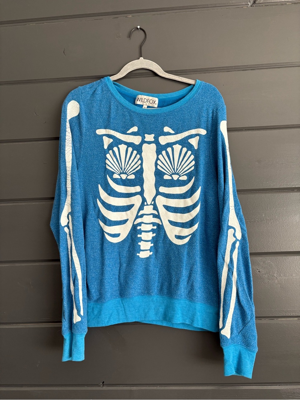 Wildfox Blue Crewneck with White Skeleton and Shell Motif
